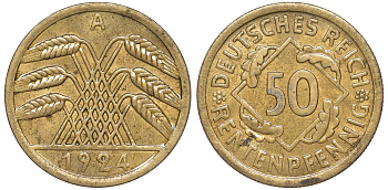 Германия 50 рентенпфеннигов 1924 A J. 310, KM 34 алюминиевая бронза aUNC 1522-745