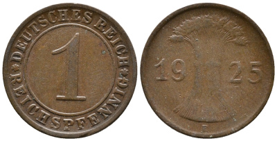 ГЕРМАНИЯ 1 РЕЙХСПФЕННИГ 1925 E KM 37, J. 313 бронза 39-922