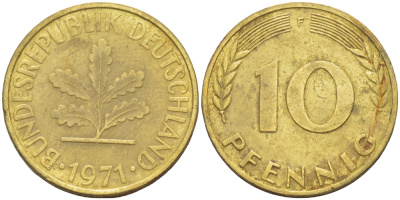 ФРГ 10 ПФЕННИГОВ 1971 F KM 108, J. 383 сталь плакированная латунью 4182-822