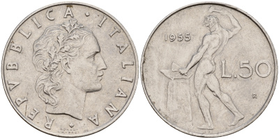 Италия 50 лир 1955 R, бог огня Вулкан у наковальни KM 95.1 нержавеющая сталь 4595-352