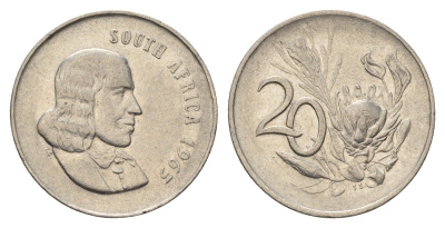 ЮАР 20 центов 1965 Ян ван Рибек (1619-1677), South Africa, легенда на английском, цветок протея KM 69.1 никель 4693-641