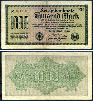 Германия 1000 марок 1922 выпуск 15 сентября 1922, водяной знак F, белая бумага, серия KH, буква M Pick 76 c (2) бумага 8617-44-1-2