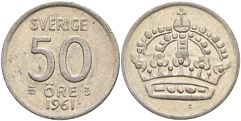 Швеция 50 эре 1961 TS, Густав VI Адольф (1950-1973) KM 825 серебро 4148-952