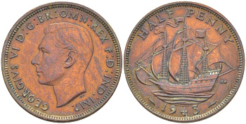 Великобритания 1/2 пенни 1943 Георг VI (1936-1952) KM 844, Spink 4115 бронза 41-224
