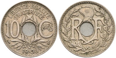 Франция 10 сантимов 1936 KM 866a, Le Franc 138.3 медно-никель 4143-1033
