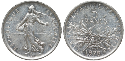 Франция 5 франков 1978 сеятель KM 926a.1, Le Franc 341.10 медно-никель плакированный никелем 51-4125