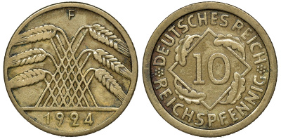 ГЕРМАНИЯ 10 РЕЙХСПФЕННИГОВ 1924 F KM 40, J. 317, Weege 9 алюминиевая бронза 72-1541