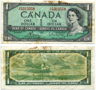 Канада 1 доллар 1954 подписи Bouey & Rasminsky, BABNC, серия V/F Pick 75c бумага 6285-1-2-2