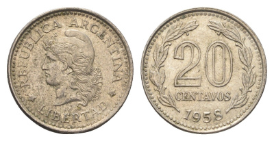 Аргентина 20 сентаво 1958 KM 55 сталь плакированная никелем 4664-619
