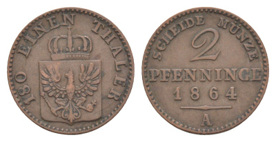Пруссия 2 пфеннига 1864 A, Вильгельм I (1861-1888) KM 481, Jaeger 51, AKS 107, Olding 425 медь 4651-257