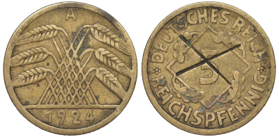 Германия 5 рейхспфеннигов 1924 A KM 39, J. 316 алюминиевая бронза 4602-1232