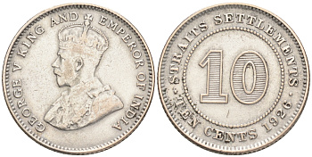 Стрейтс-Сетлментс 10 центов 1926 Георг V (1910-1936) KM 29b серебро 192-248