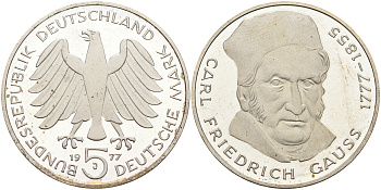 ФРГ 5 МАРОК 1977 J, 200 ЛЕТ СО ДНЯ РОЖДЕНИЯ КАРЛА ФРИДРИХА ГАУССА KM 145, J. 420 серебро PROOF 02-230-43