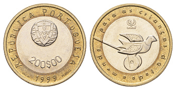 Португалия 200 эскудо 1999 UNICEF, голубь мира KM 720 биметалл UNC M84-05