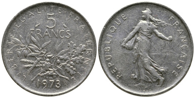 ФРАНЦИЯ 5 ФРАНКОВ 1973 СЕЯТЕЛЬ KM 926a.1, LE FRANC 341.5 медно-никель плакированный никелем 36-145