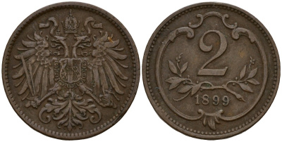 Австрия 2 геллера 1899 Франц Иосиф I (1848-1916) (1848-1916) KM 2801 бронза 4158-514