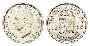 Великобритания 6 пенсов 1946 Георг VI (1936-1952) KM 852, Spink 4084 серебро 4690-821