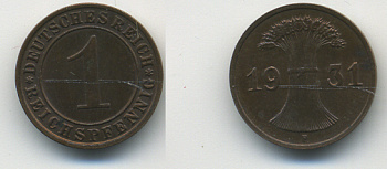 ГЕРМАНИЯ 1 РЕЙХСПФЕННИГ 1931 F KM 37, J. 313 бронза 37-246