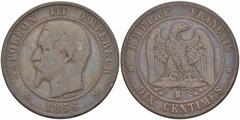 ФРАНЦИЯ 10 САНТИМОВ 1856 B, НАПОЛЕОН III (1852-1870) KM 771.2, LE FRANC 133.33 бронза 38-1144