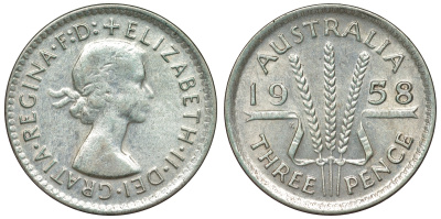 Австралия 3 пенса 1958 m, Елизавета II (1952-2022) KM 57 серебро 71-552