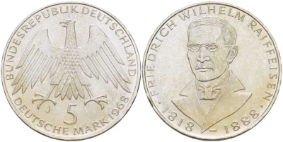 ФРГ 5 марок 1968 J, 150 лет со дня рождения Фридриха Вильгельма Райффайзена J. 396, KM 121 серебро 180-736