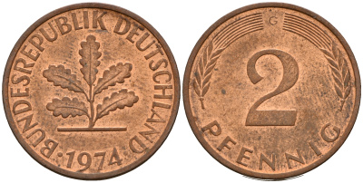 ФРГ 2 пфеннига 1974 G J.381a, KM 106a сталь плакированная медью    4598-822