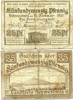 ШВЕЙДНИЦ (СВИДНИЦА ПОЛЬША) 25 ПФЕННИГОВ 1920 НОТГЕЛЬД, 15 ЯНВАРЯ 1921 Grabowski S61.3b бумага 7551-39-2-1