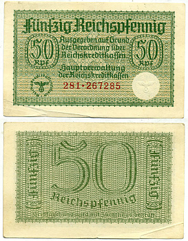ГЕРМАНИЯ 50 РЕЙХСПФЕННИГОВ 1940-1945 ДЛЯ ОККУПИРОВАННЫХ ТЕРРИТОРИЙ Pick R135 бумага 3295-87-2-2