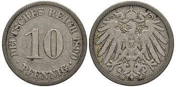 ГЕРМАНИЯ 10 ПФЕННИГОВ 1890 A KM 12, Jager 13, Weege 8 медно-никель 4543-824