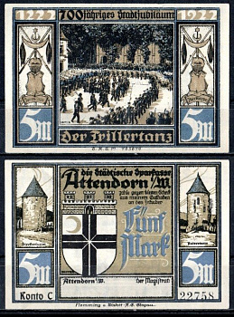 Аттендорн (Пруссия, Вестфалия) 5 марок 1922 Mehl Grabowski 51.1a-5/5 бумага UNC (пресс) 7556-40-1-2