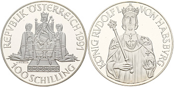 Австрия 100 шиллингов 1991 Рудольф I, в коробке, с сертификатом подлинности KM 3001 серебро PROOF 3-4-4-01