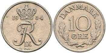 Дания 10 эре 1964 C; S, Фредерик IX (1947-1972) KM 849.1 медно-никель 08-1434