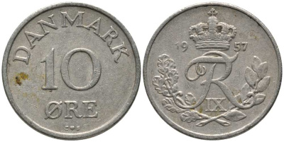 ДАНИЯ 10 ЭРЕ 1957 C; S, ФРЕДЕРИК IX (1947-1972) KM 841.2 медно-никель 116-217