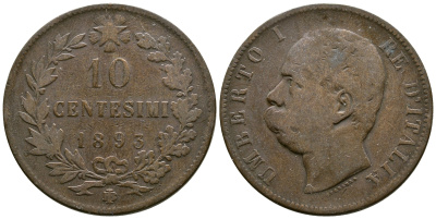 ИТАЛИЯ 10 ЧЕНТЕЗИМО 1893 B/I, УМБЕРТО KM 27.1 медь 4381-141