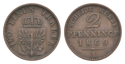Пруссия 2 пфеннига 1869 A, Вильгельм I (1861-1888) KM 481, Jaeger 51, AKS 107, Olding 425 медь 4651-323