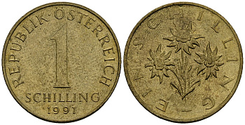 Австрия 1 шиллинг 1991 KM 2886 алюминиевая бронза 4135-224