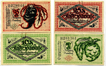 БИЛЕФЕЛЬД лот из 2 БАНКНОТ 10 И 25 пфеннигов 1917 нотгельд, 1 июля 1917 - 1 апреля 1920, земля Северный Рейн-Вестфалия, БЕЗ ОБРАЩЕНИЯ, СКРЕПКА Grabowski B44.3a, B44.3b бумага 8612-45-2-2