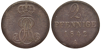 Ганновер 2 пфеннига 1842 A, Эрнст Август (1837-1851) KM 174.1, AKS 122, J. 55 медь 75-1726