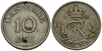 Дания 10 эре 1956 C; S, Фредерик IX (1947-1972) KM 841 медно-никель 4136-858