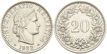 ШВЕЙЦАРИЯ 20 РАППЕНОВ 1932 В KM 29 никель 4514-1113