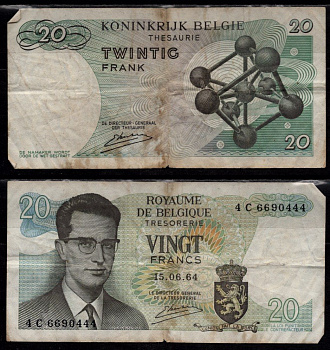 Бельгия 20 франков 1964 Бодуэн I; Атомиум, Брюссель Pick 138 (3) бумага 7548-118-3-2