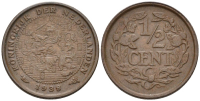 Нидерланды 1/2 цента 1938 Вильгельмина (1890-1948) KM 138 бронза 4588-965