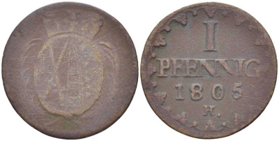 САКСОНИЯ 1 ПФЕННИГ 1805 Н, ФРИДРИХ АВГУСТ III (1763-1806) KM 1000 (С91) медь 206-357