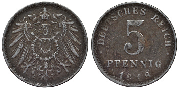 Германия 5 пфеннигов 1918 A KM 19, J. 297, Weege 5 железо 4118-1153