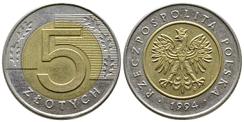 Польша 5 злотых 1994 MW KM 284 биметалл 4610-937