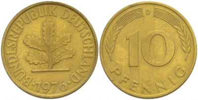 ФРГ 10 ПФЕННИГОВ 1976 D KM 108, J.383 сталь плакированная латунью 3996-633