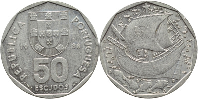 Португалия 50 эскудо 1988 парусник KM 636 медно-никель 4394-815