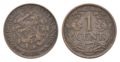 Нидерланды 1 цент 1924 Вильгельмина (1890-1948), редкий год KM 152 бронза 44-1064