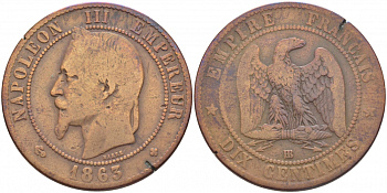 ФРАНЦИЯ 10 САНТИМОВ 1863 BB, НАПОЛЕОН III (1852-1870) KM 798.2, LA FRANC 134.9 бронза 114-1224