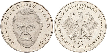 ФРГ 2 марки 1991 D, Людвиг Эрхард, 40 лет Федеративной Республике (1948-1988) KM 170, J. 445 медно-никель плакированный никелем 4583-232